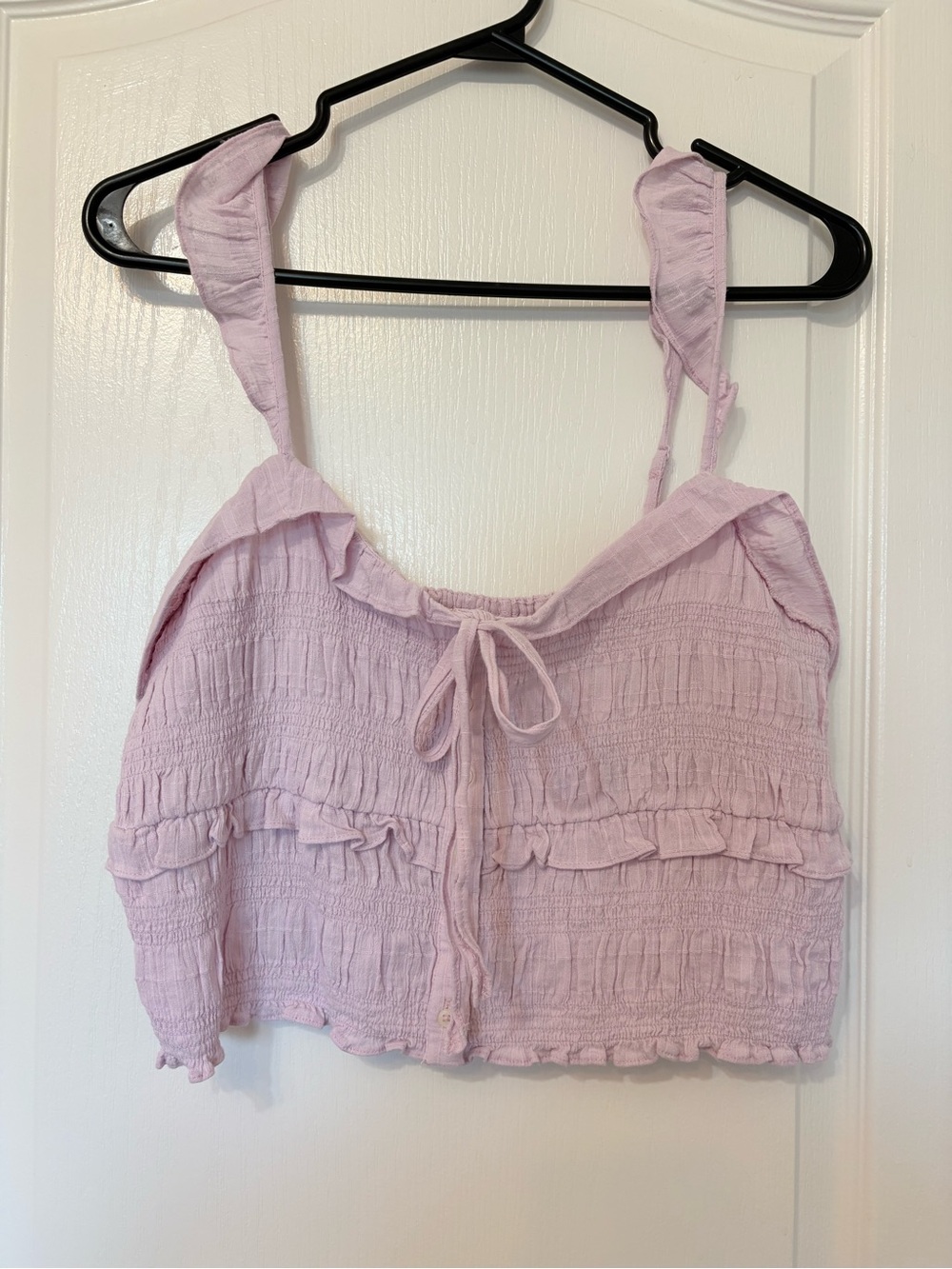 American Eagle Outfitters Light Pink Smocked Ruffle Tie-Front Crop Top